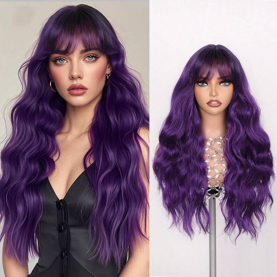 Purple Wig With Bangs Ombre With Dark Roots Heat Resistant Synthetic Wavy Curly Hair For Cosplay Women Daily Party Use 26 Inches - Purple - View 1