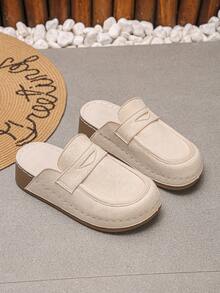 Women's Thick Sole Platform Wedge Mule Slippers, Solid Color Round Toe Casual Slip-On Shoes For Spring And Autumn Daily Wear, Beige Half-Back Slippers - Beige - View 6