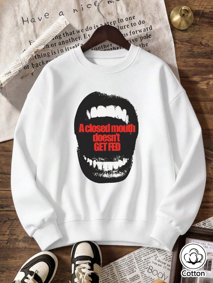 Street Style Loose Fit Crew Neck Sweatshirt With Lip Print And Letter Graphic For Young Adults, Breathable Cotton Casual Pullover For - White - View 1