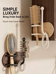 Drill-Free Wall Mount Hair Tool Organizer, Wooden Bathroom Storage Rack For Brushes, Claw Clips & Hair Ties, No-Drill Space Saver - Multicolor - View 1