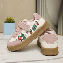 Girls' Pink And White Colorblock Training Shoes, Strawberry Embroidery Hook And Loop Retro Rubber Sole Casual Sneakers - Pink - View 5