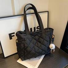 Black Minimalist Quilted Tote Shoulder Bag, Multi-Compartment Side Pocket Design, Lightweight And Soft, Fits Books And Laptop, Suitable For Students, Commuting, Travel, Camping, Casual, Shopping, Fashion Accessory, Travel Backpack Supplies, Backpack Accessories - Multicolor - View 1