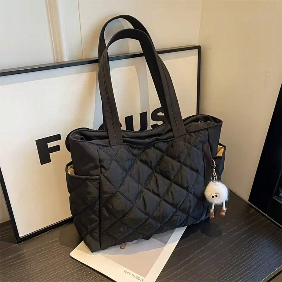 Black Minimalist Quilted Tote Shoulder Bag, Multi-Compartment Side Pocket Design, Lightweight And Soft, Fits Books And Laptop, Suitable For Students, Commuting, Travel, Camping, Casual, Shopping, Fashion Accessory, Travel Backpack Supplies, Backpack Accessories - Multicolor - View 1