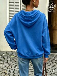 Women's Loose-Fit Cotton Hooded Sweatshirt With Pockets For Autumn And Winter, Perfect For Casual, Street-Style And Sportswear Looks - Blue - View 4