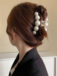 1pc Women's Apricot Faux Pearl Decorated Fashion Shark Hair Claw Clip, Suitable For Daily Use - Apricot - View 1