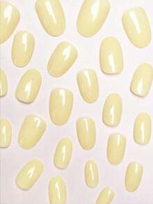 24pcs Oval Glossy Yellow Fashionable Fake Nails With 1pc Jelly Glue And 1pc Mini Nail File, Suitable For Women And Girls - Yellow - View 3