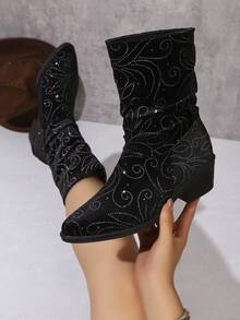 Women's Rhinestone Floral Pointed Toe Chunky Heel Ankle Boots, Vintage Western Cowboy Style Ruched Boots, Autumn/Winter Street Fashion Boots - Black - View 2