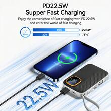 10000mAh Portable Fast Charging Power Bank With Built-In Cables, LED Digital Display, 4-Device Charging Travel Backup Battery - Black - View 2