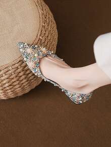 Heavy Beaded Rhinestone Pointed Toe Low Heel Women's Slip-On Shoes, Vintage Jacquard Fabric Party Wedding Shoes - Color - View 15