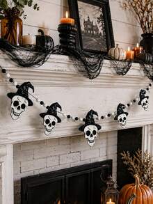 1 Peça Guirlanda de Caveira de Halloween com Chapéu de Bruxa, Decoração de Parede de Caveira Preta e Branca, Adequada para Festa de Halloween, Decoração de Casa Assombrada, Decoração de Feriado, Decoração de Casa, Decoração de Halloween, Decoração de Outono, Decoração de Quarto - Multicolorido - Visão 5