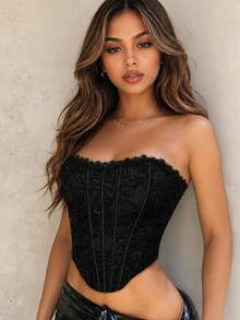 Yuwenier Women's Vintage Lace Trim Floral Corset Top With Tie Design, Open Back, Suitable For Music Festivals, Halloween And Other Occasions - Black - View 2