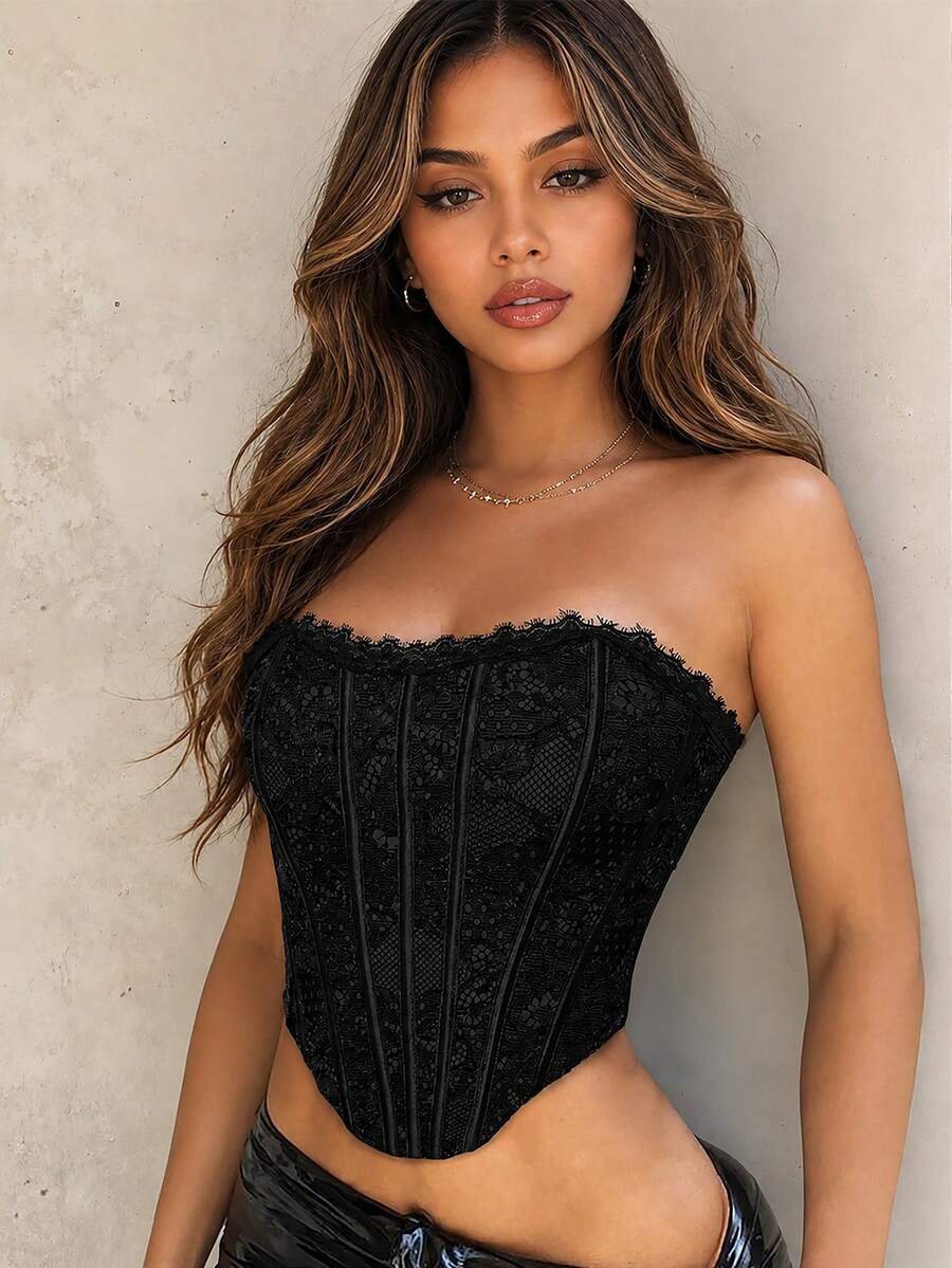 Yuwenier Women's Vintage Lace Trim Floral Corset Top With Tie Design, Open Back, Suitable For Music Festivals, Halloween And Other Occasions