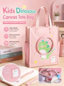 1 Pc Cute Dinosaur Canvas Tote Bag, Large Capacity Zipper Student Bag For Kids, Elementary Students, School Supplies & Homework Storage - Multicolor - View 2