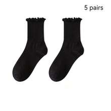 5 Pairs Women's Solid Color Sweet Cute Japanese Style Black Thin Ruffle Socks - Multicolor - View 7