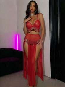 Sexy Red Tassel Belly Dance Costume 2-Piece Set - Spaghetti Strap Top And Coin Decorated Chiffon Skirt - Red - View 1
