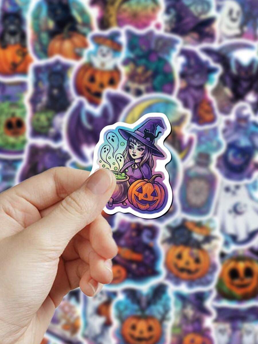 50pcs Holographic Halloween Stickers For Planner, Journal, Scrapbook, Notebook, Luggage, Envelope, Greeting Card, Tablet, Water Bottle - Holographic Halloween - View 1