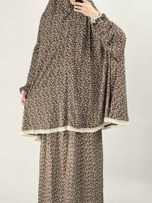 Women's Floral Lace Trim Prayer Abaya Set, Loose Hooded Jilbab With Long Skirt, Muslim Islamic Style Modest Daily Wear - Multicolor - View 5