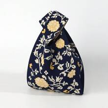 海軍藍底黃色花卉針織腕包，復古田園風花卉迷你編織手提包 - 黃色 - 查看 8
