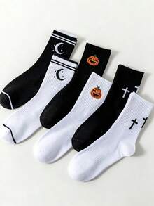 6 Pairs Women Halloween Crew Socks, Cute Pumpkin Moon Cross Patten Mid‑Calf Socks, Fall Festival Casual Sport Socks, Halloween Daily Weas Random - Multicolor - View 2