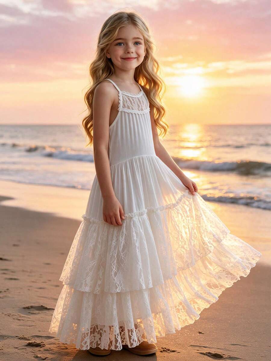 Tween Girl無袖花卉洋裝,帶有空心蕾絲後背和大摆裙,非常適合婚禮和節日 - 白色 - 查看 1