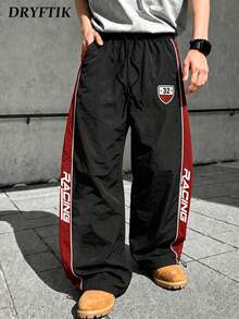Men's Contrast Color RACING Letter Wide Leg Parachute Pants, Drawstring Elastic Waist, No. 32 Racing Shield Badge Print, Drawstring Hem Sports Long Pants - Black - View 1