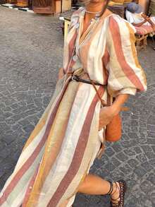 New Women's Random Striped Flowy Long Woven (No Belt) Dress, Casual Long Sleeve Button-Down Dress - Multicolor - View 6