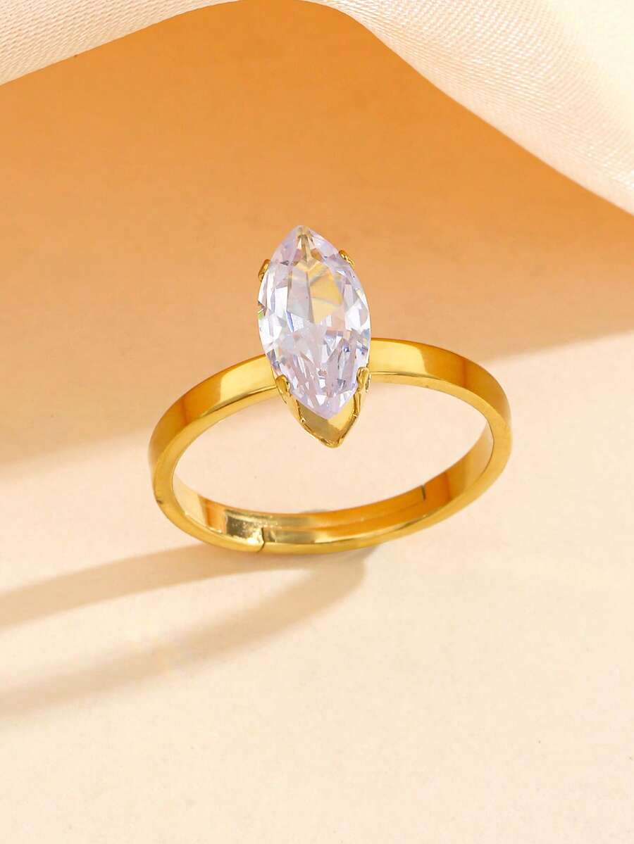 1pc Luxury Zirconia Open Ring, High-End Minimalist Stainless Steel Gold Finger Ring, Atmospheric Accessory For Women, Suitable For Daily Wear - Yellow Gold - View 1