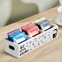 1pc Wooden Coffee & Tea Storage Box With 3 Compartments - Printed Design - Multi-Functional, Non-Waterproof, Rectangular Storage Box No Power Required, For Organizing & Storage. - Multicolor - View 2