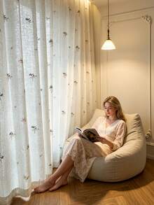 1pc Linen Embroidered White Floral Fresh Fashion Gauze Curtain, Floral Pattern, Rod Pocket Design, Suitable For Living Room And Bedroom - Transparent And Light Filtering Curtain, Living Room Curtain, Bedroom Curtain - Multicolor - View 1