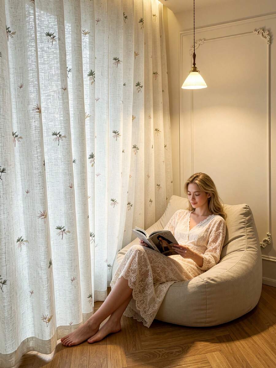 1pc Linen Embroidered White Floral Fresh Fashion Gauze Curtain, Floral Pattern, Rod Pocket Design, Suitable For Living Room And Bedroom - Transparent And Light Filtering Curtain, Living Room Curtain, Bedroom Curtain - Multicolor - View 1