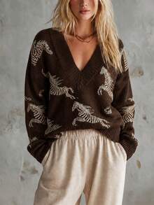 Women's V-Neck Long Sleeve Sweater, Suitable For Autumn Wear, Vintage Brown Zebra Print V-Neck Pullover Knit Sweater, Loose Slouchy, Slimming Soft Niche Design, Commute Casual Versatile Top - Coffee Brown - View 5