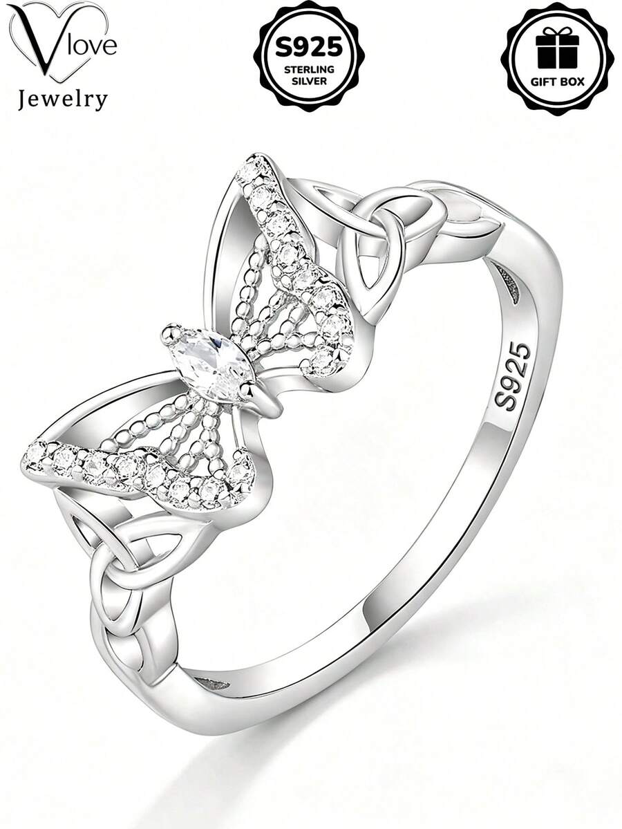 1pc S925 Sterling Silver Celtic Knot Butterfly Shaped Ring, Perfect For Daily Wear And Anniversary Gift, Comes With Gift Box