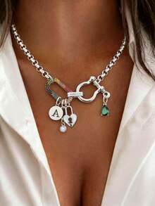 1pc Silver Letter Necklace, Luxury Oval Double Buckle Heart-Shaped Lock Diamond Pendant Necklace, Exquisite Holiday Party Gift For Women - Silver - View 1