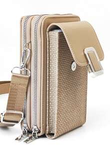 New Vintage PU Woven Texture Crossbody Bag, Multi-Functional Large Capacity Double Zipper Phone Wallet, Fashionable Minimalist Yet Exquisite And Soft, Suitable For Casual, Vacation, Dating - Multicolor - View 4