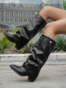 1 Pair Hot-Selling Ruched Fold-Over Boots, Fashionable Buckle Chunky Heel Comfortable Solid Color Western Style Casual Outdoor Mid-Calf Boots - Black - View 3