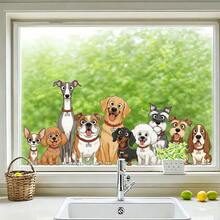 1pc 2D Cartoon Dog Group Window Sticker, Multi-Breed Puppies Leaning On Window Sill, Self-Adhesive Glass Decor For Kitchen And Living Room - Multicolor - View 1