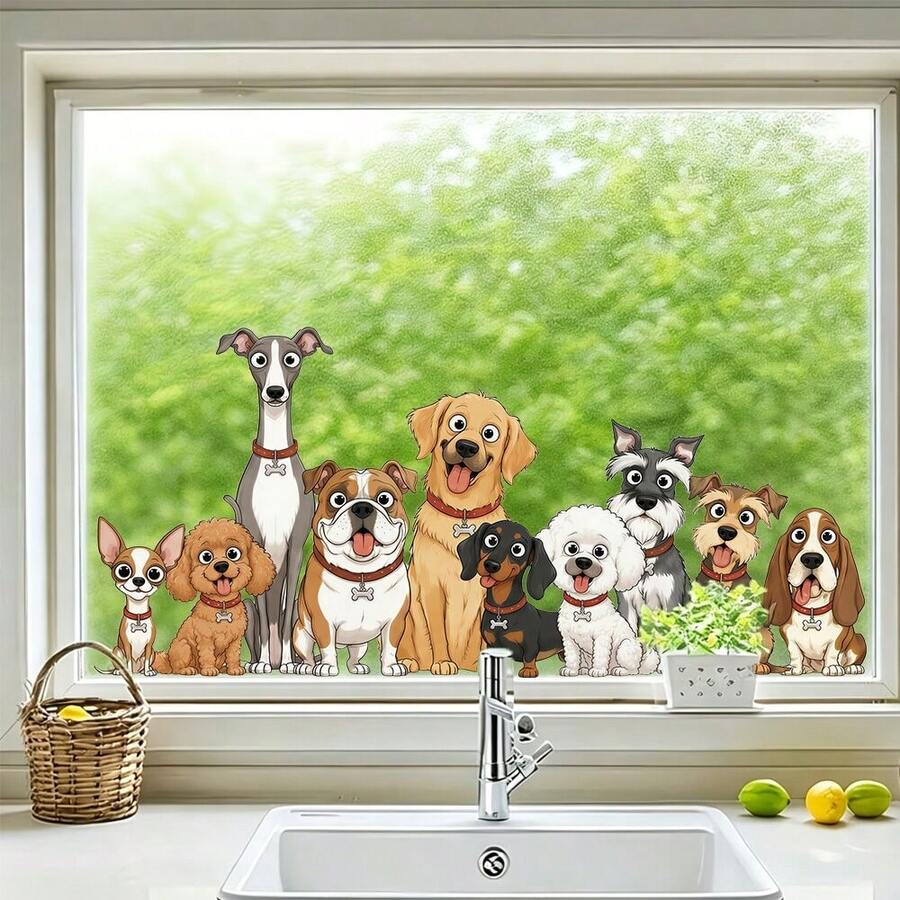 1pc 2D Cartoon Dog Group Window Sticker, Multi-Breed Puppies Leaning On Window Sill, Self-Adhesive Glass Decor For Kitchen And Living Room - Multicolor - View 1