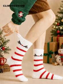 CLIMPRESSION Christmas Cute Eye Pattern Mid-Calf Socks, Soft Coral Fleece Warm Slippers Socks, Red Striped Holiday Indoor Floor Socks - Red - View 1