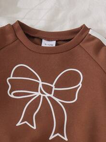 2pcs Baby Girls Casual Comfortable Large Bow Print Crew Neck Long Sleeve Sweatshirt And Side Stripe Straight Leg Pants Set, Spring/Autumn - Brown - View 4