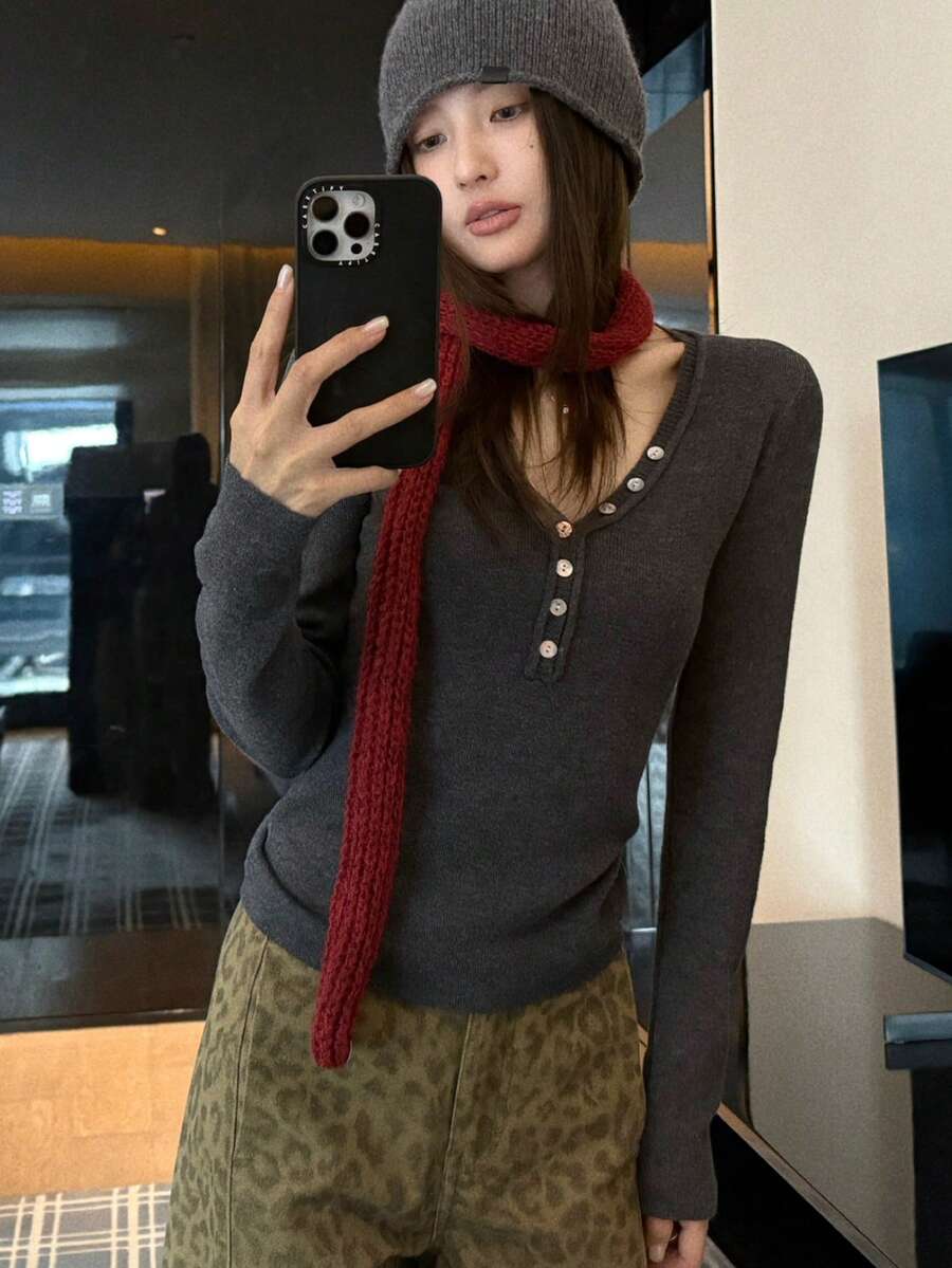 Women's Fitted Long Sleeve Knit Top With Square Neck And Half-Open Collar, Korean Style Casual Versatile Base Layer Top For Autumn - Dark Grey - View 1