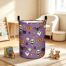 1PC Cartoon Halloween Printed Storage Basket With Handle, Featuring Pumpkin, Skull, Ghost, Bat, Spider, Tombstone, Candy, And Corn Patterns. Suitable For Storing Clothes And Miscellaneous Items, As Well As Halloween Home And Room Decoration. - Purple - View 3