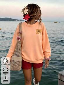 Women's Peach Pullover Sweatshirt With SunflowerPrint, Rib-Knit Details,Round Neck, Long Regular Sleeves,Medium StretchKnitted FabricFall Outfits - Hami Melon Orange - View 6