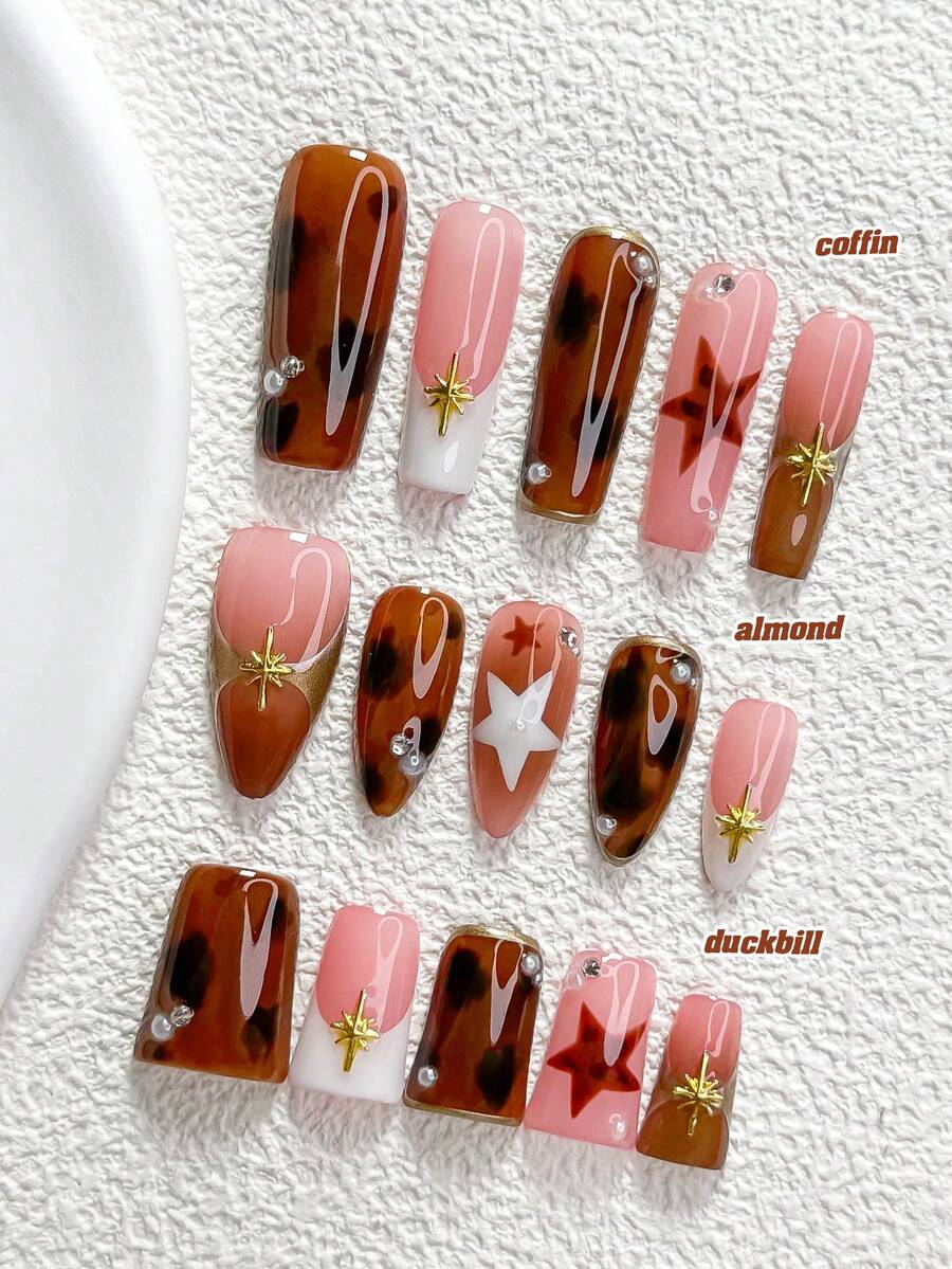 10片裝 Mailard 風格手工穿戴甲,Polygel 美甲套組,星爆五角星棕色與白色美甲,韓系風格,附美甲工具,3種尺寸可選,杏仁甲、鴨嘴甲、棺材甲,適合派對、舞蹈、日常穿戴 - 彩色 - 查看 1