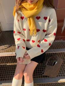 Women's Autumn/Winter Heart Jacquard Casual Crew Neck Slouchy Sweater - Apricot - View 7