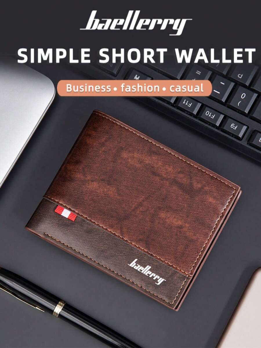 Dompet Pria Pendek PU Baru Baellerry Bisnis Lintas Batas Banyak Slot Terbuka Jepit Uang Kulit Warna Kontras untuk Pemuda - Coklat - View 1