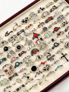 15/25Pcs/Lot Vintage Punk Colorful Stones Men Women Rings Spider Skeleton Bat Random Styles Festival Party Gifts For Friends Daily Wearing Accessories - Vintage Black Stone Flower Gun Black Punk Ring - View 1