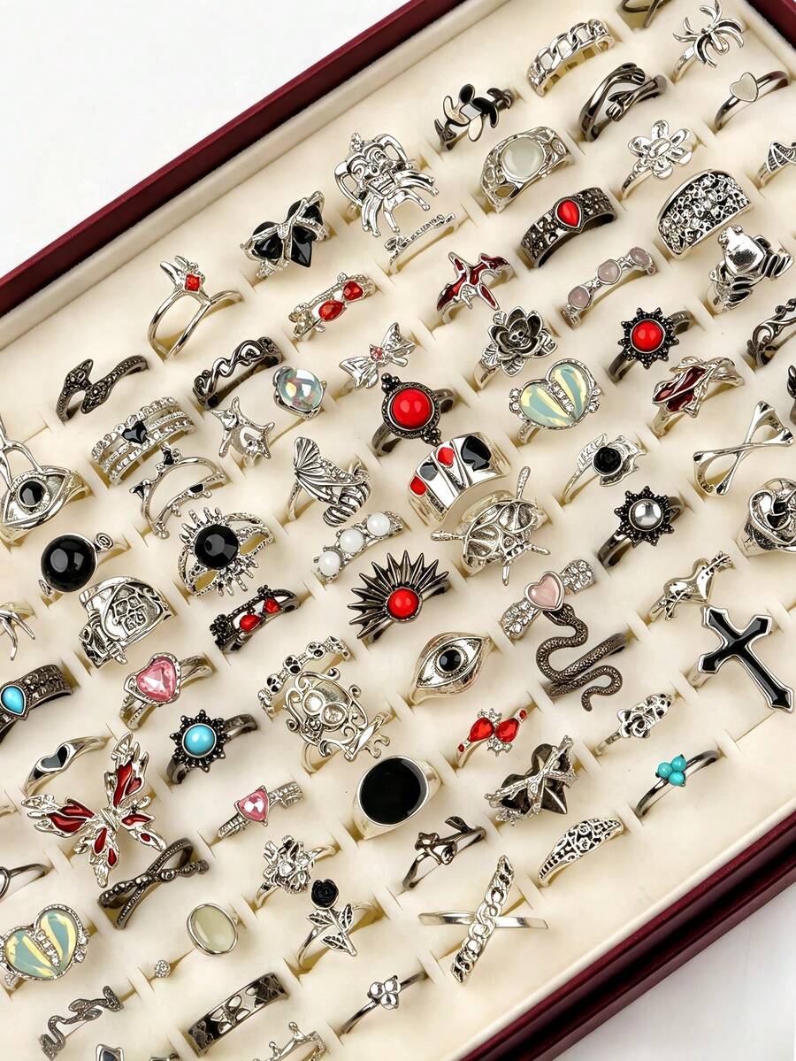 15/25Pcs/Lot Vintage Punk Colorful Stones Men Women Rings Spider Skeleton Bat Random Styles Festival Party Gifts For Friends Daily Wearing Accessories - Vintage Black Stone Flower Gun Black Punk Ring - View 1