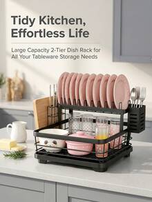 VOOVA 2 Tier Carbon Steel Kitchen Counter Dish Rack Strainer, Large Capacity Tableware Storage Organizer Shelf With Removable Drainboard & Side Caddy Holder For Home Cooking Area - Black - View 7