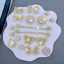 20件裝銀色水鑽珍珠大蝴蝶向日葵鏈條愛心鞋飾，可拆卸鞋子裝飾，適用於園藝鞋、涼鞋，節日禮物 - 金色 - 查看 2