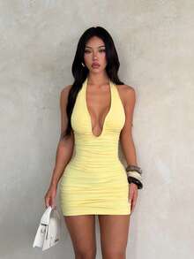 1pc Solid Color Sexy Knit Fabric Sleeveless Dress Beach Summer - Yellow - View 4